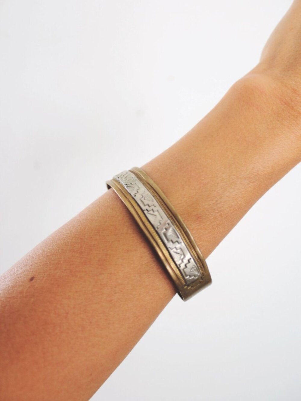 Handmade Brass Silver Cuff Bracelet Engraved Geometric Vintage Native American